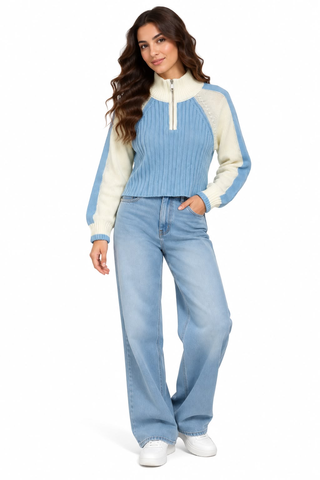Pullover High-neck Zipper Ribbed Baby blue