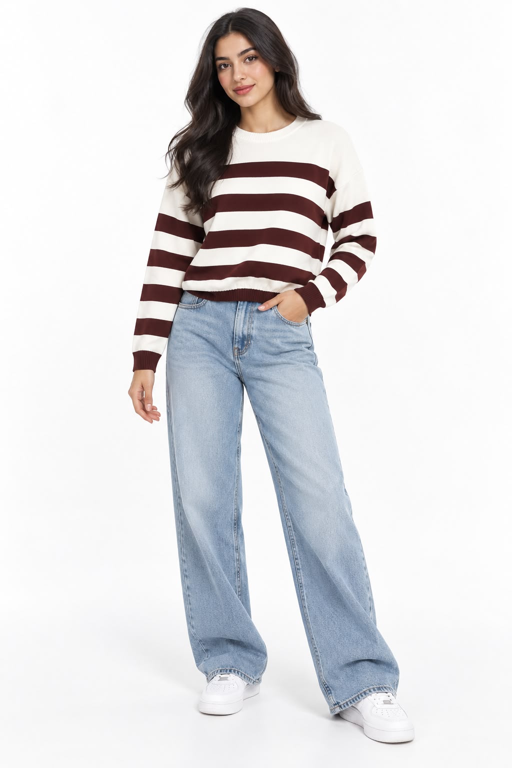 Pullover Wide striped Round neck Brown