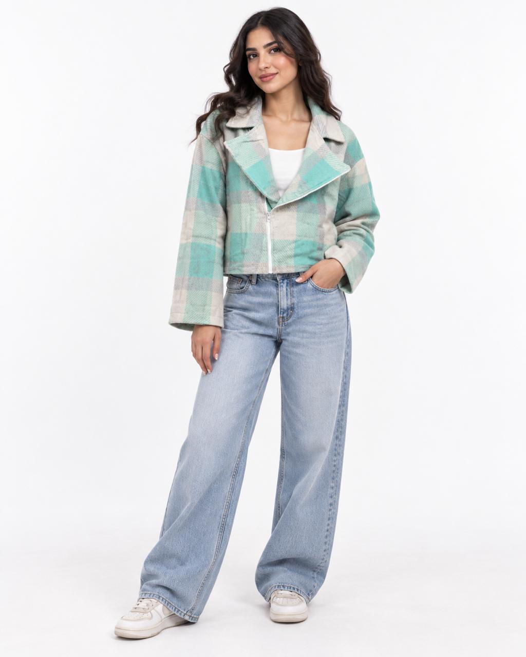 Checkered shirt with side zipper - Aqua