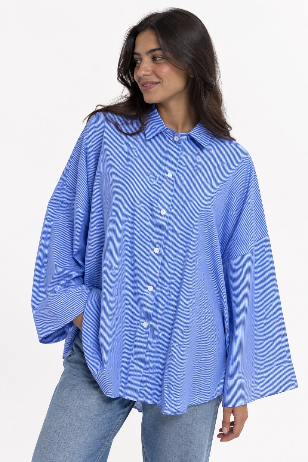Striped shirt – collar – front button-down – wide sleeves Light blue