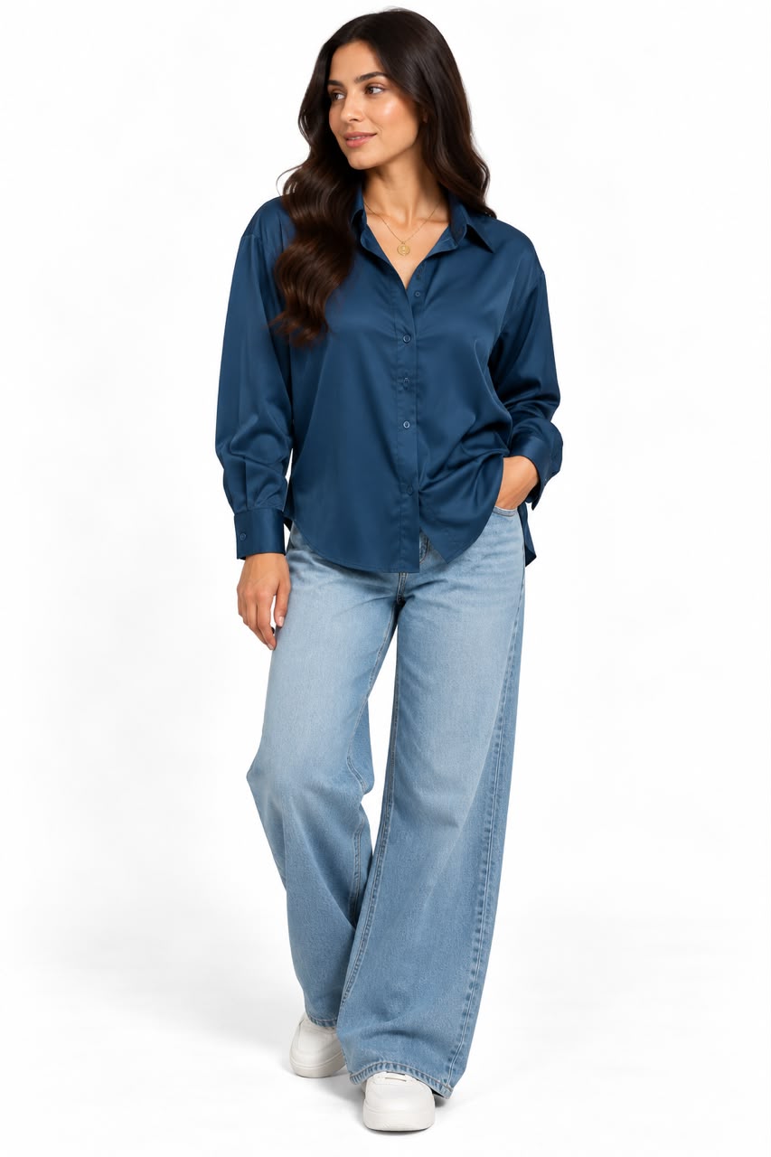 Satin shirt – basic – collared – petrol blue