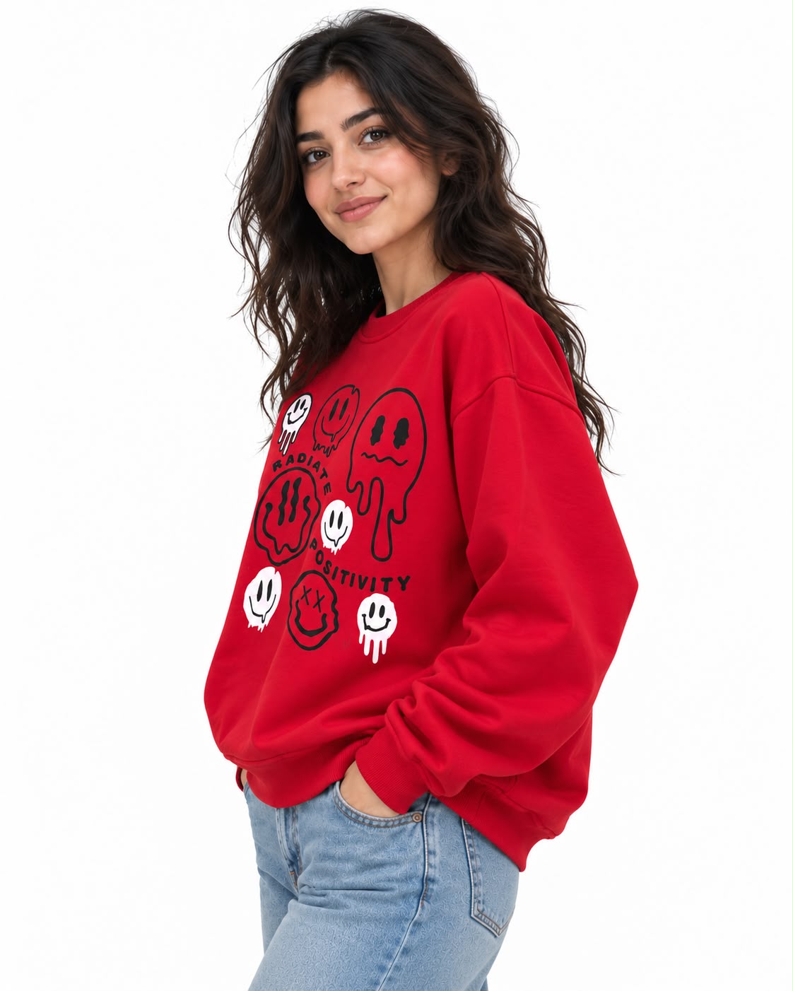 "SMILE" Print Sweatshirt - Red