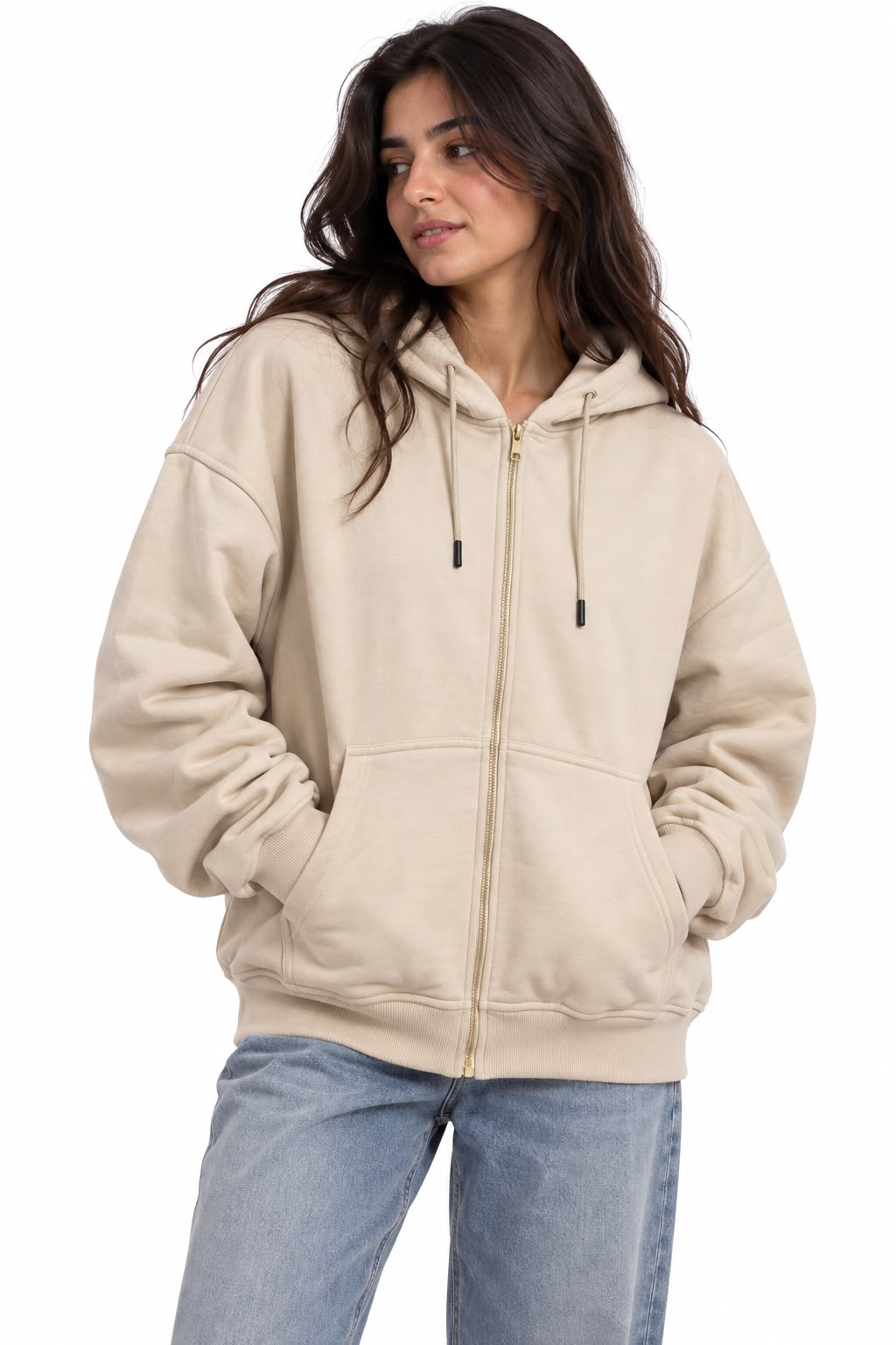 Sweatshirt - Basic hoodie with zipper - Beige