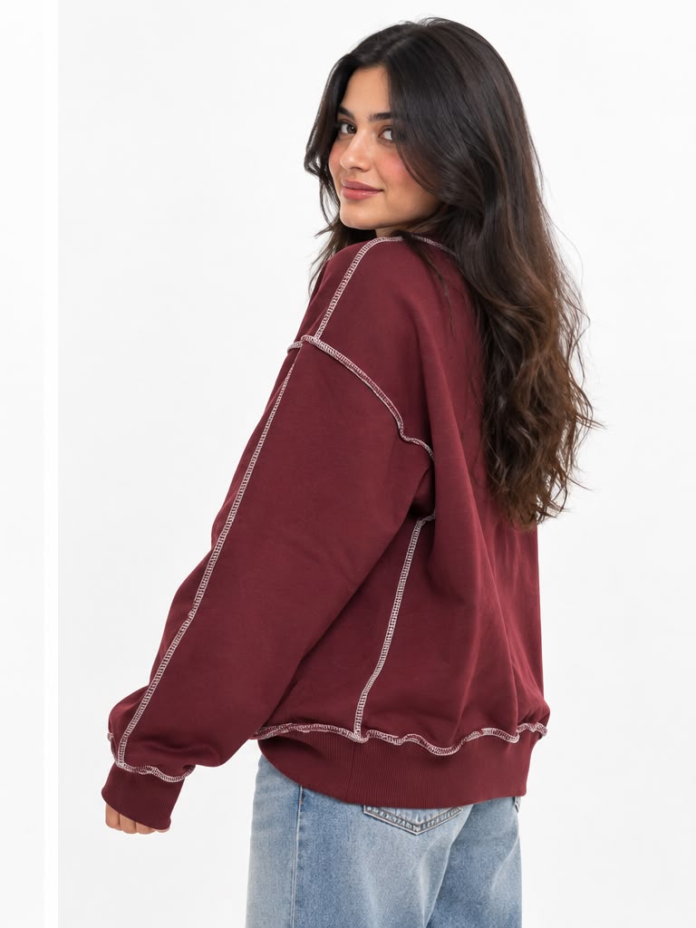 Sweatshirt – stitched detailing on the chest and sleeves – burgundy.