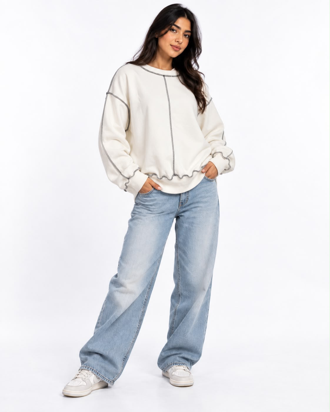 Sweatshirt - stitching on the chest and sleeves - white