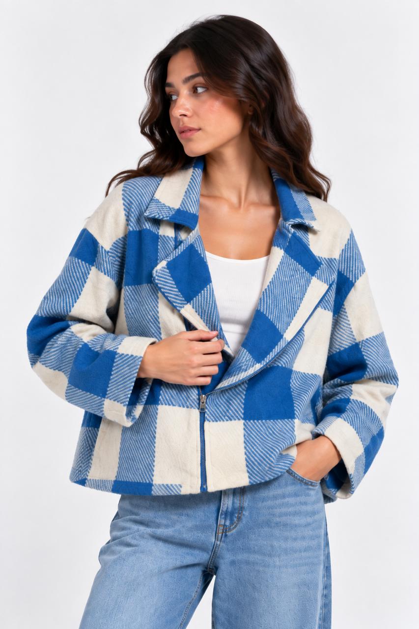 Side-zip plaid shirt -  Light blue