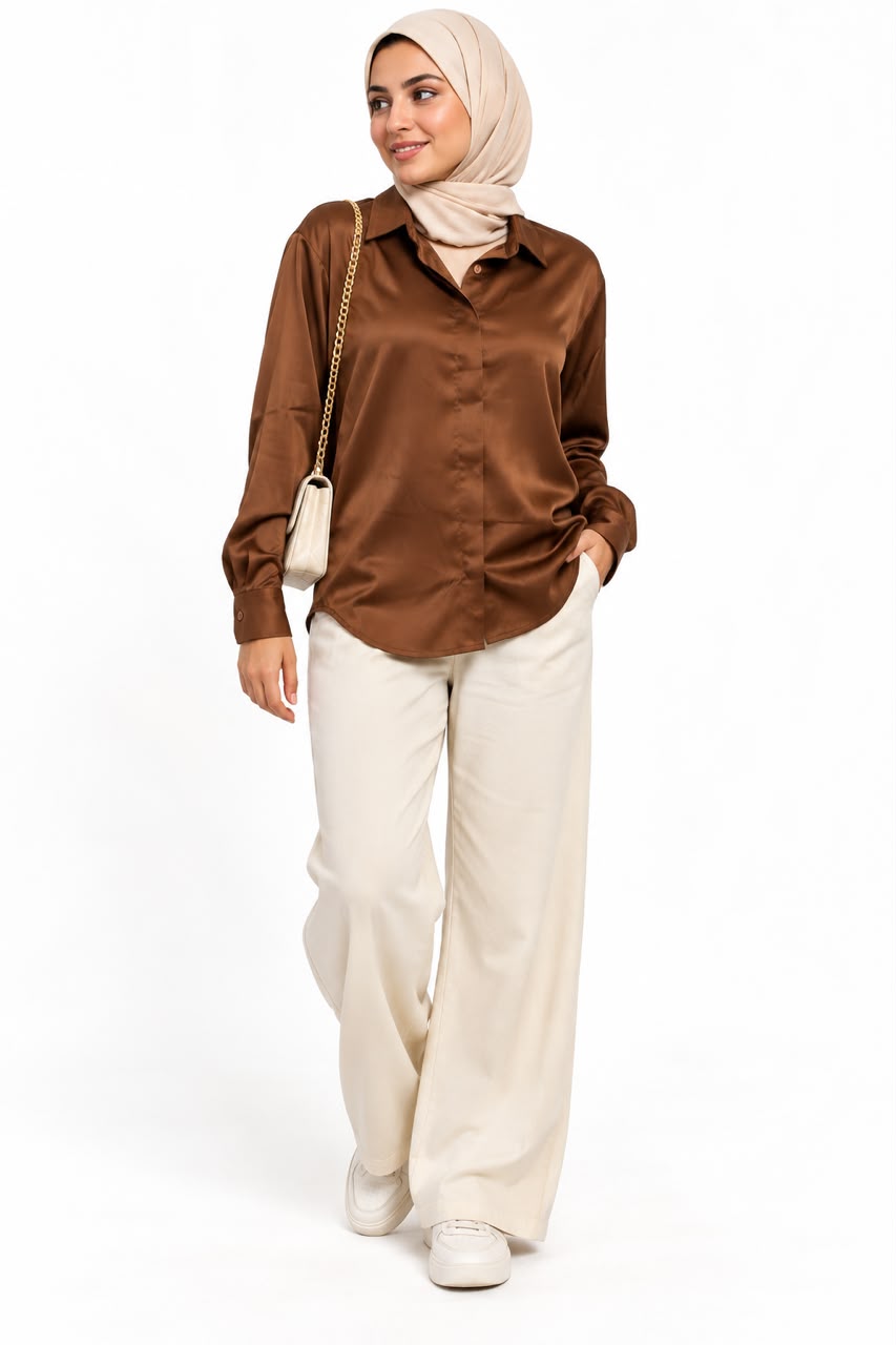 Shirt - Satin Collar Buttons Brown