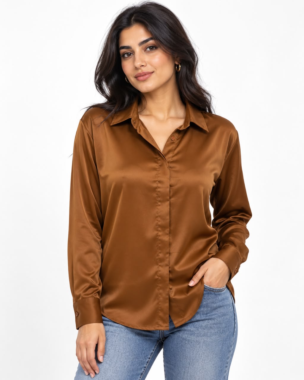 Shirt - Satin Collar Buttons Brown
