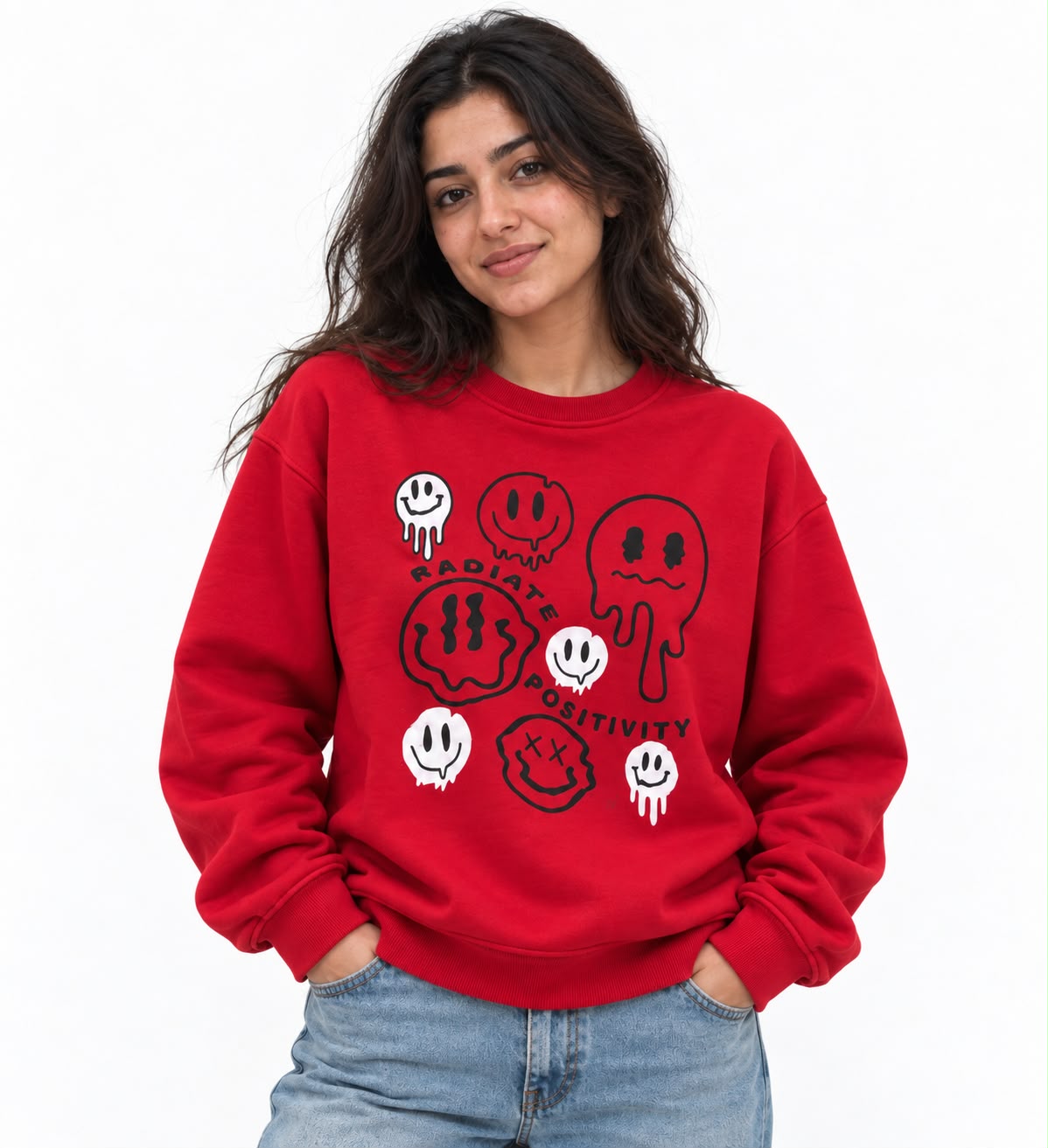 "SMILE" Print Sweatshirt - Red