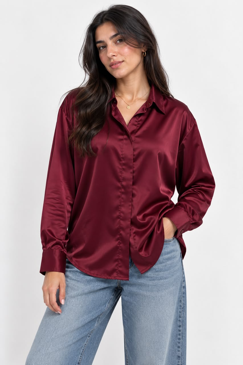 Satin shirt Collar- Button-Burgundy