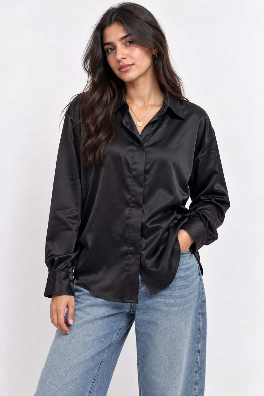 Satin shirt Collar Button-down Black