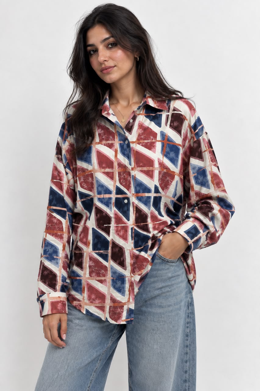 Blouse Diamond-pattern print – Collared Cashmer