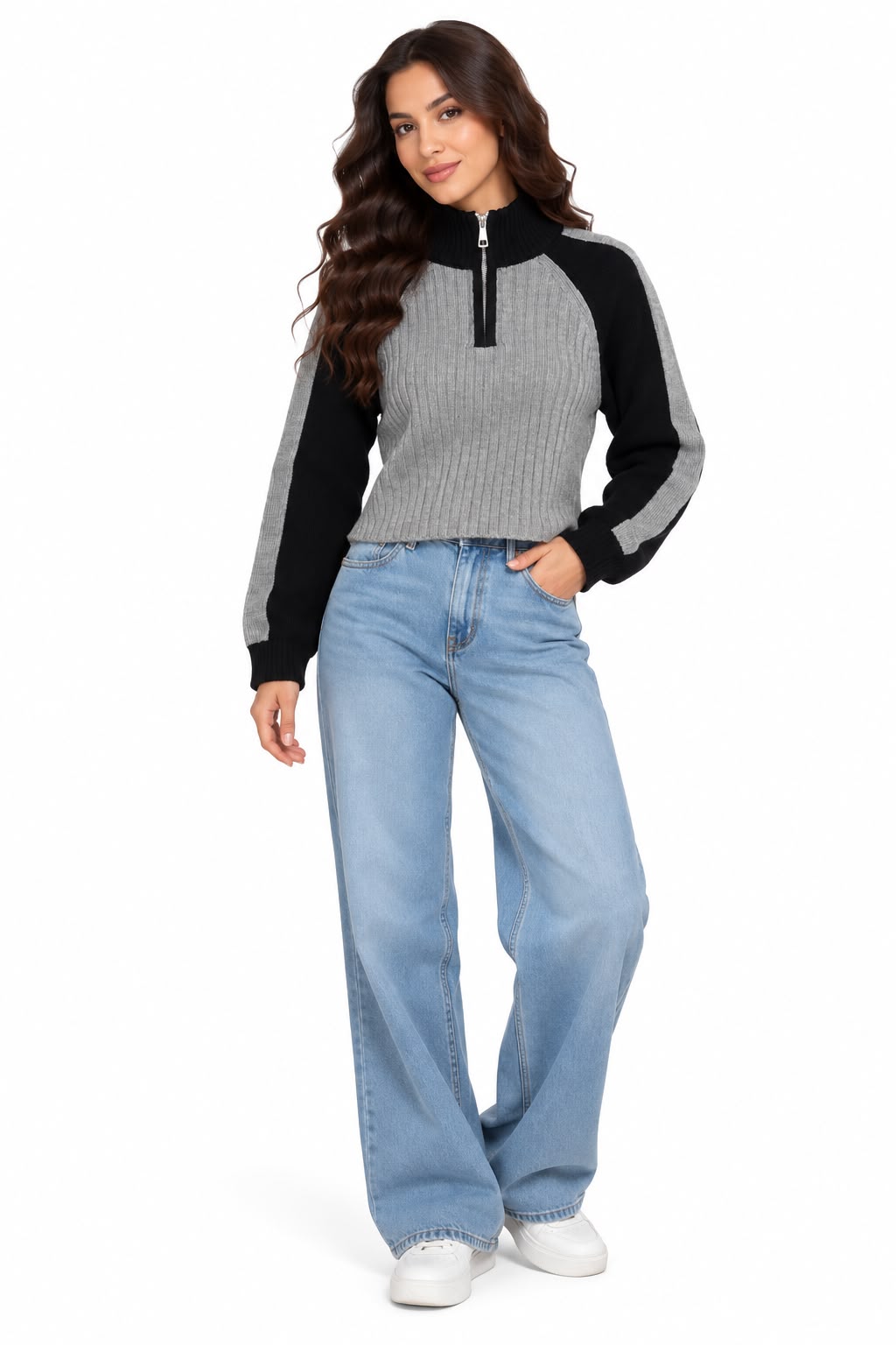 High neck pullover - half zipper and ribbed Gray