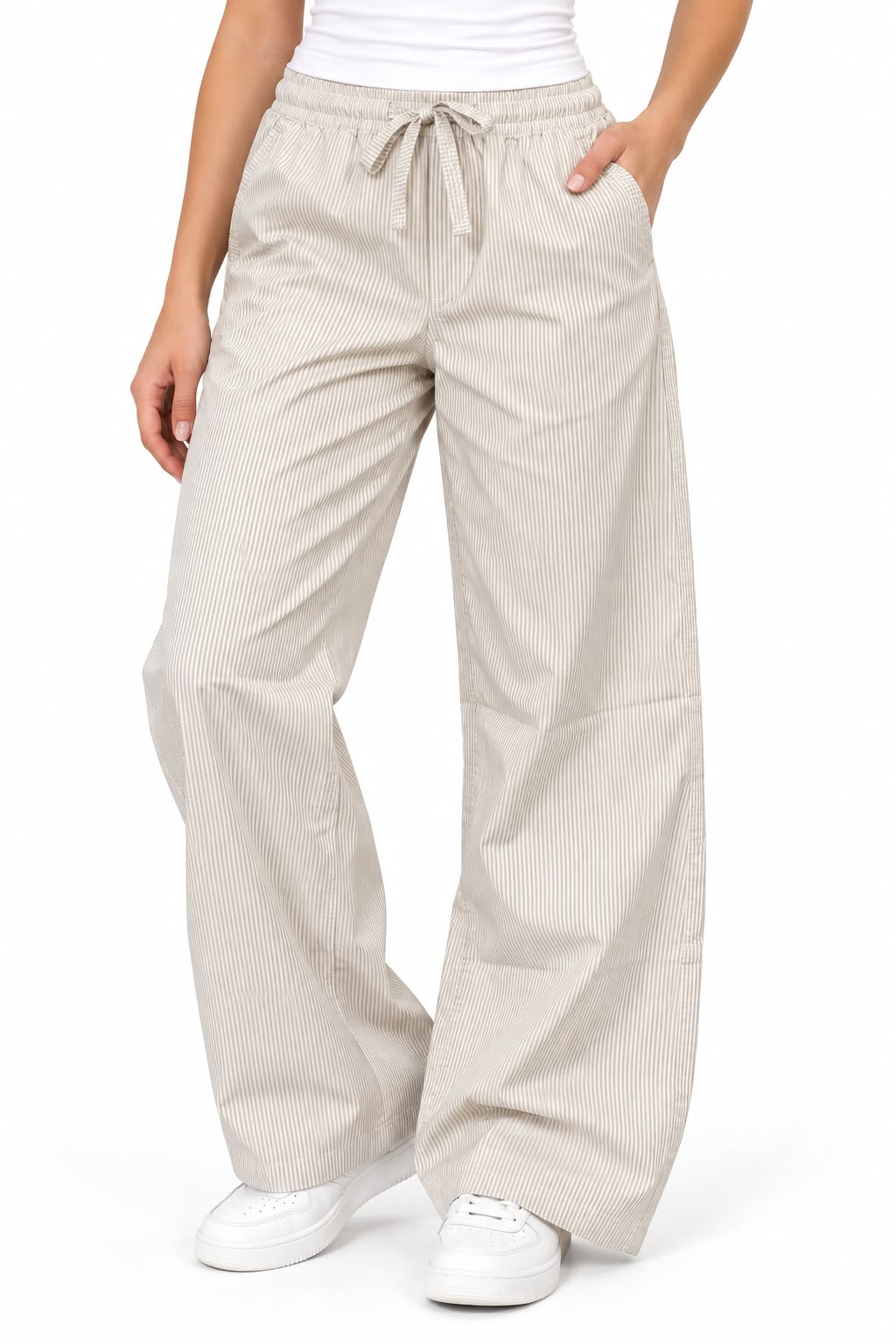 Fine-striped wide-leg trousers – Café color