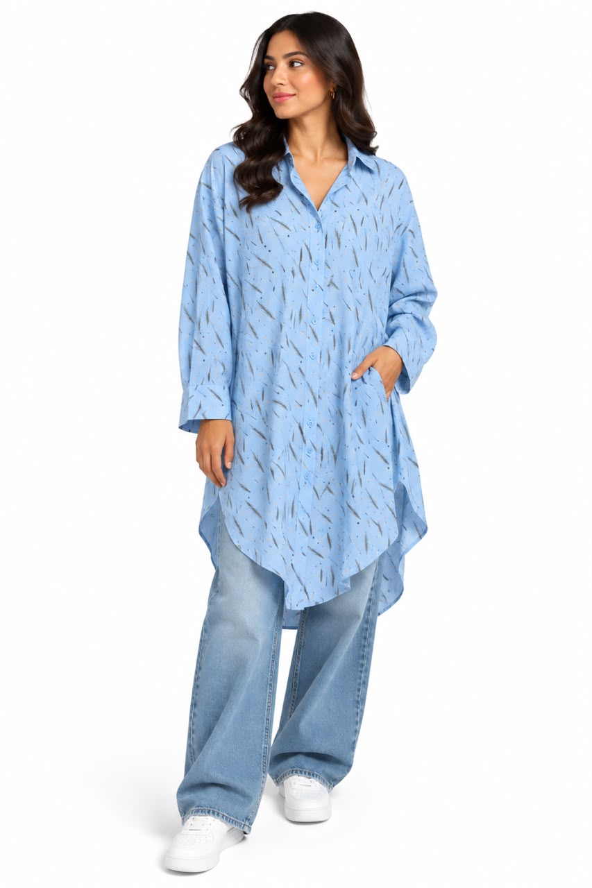 Long, floral-print shirt- Baby blue