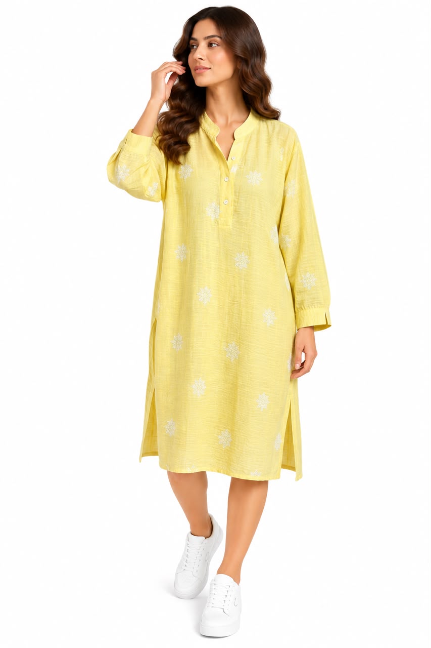 Long shirt – floral embroidery- yellow