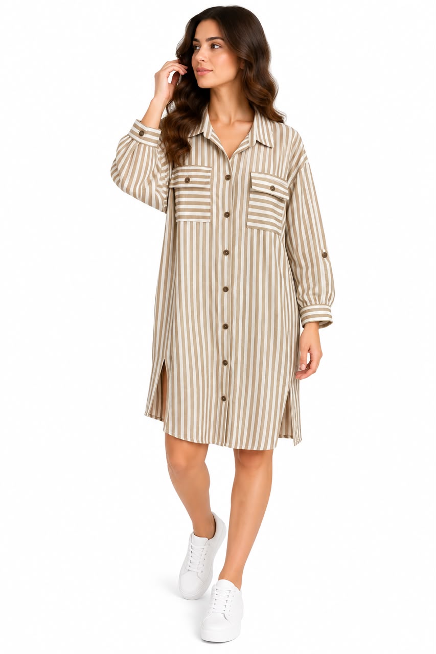 Long striped shirt -  Lapel collar - Two pockets Beige