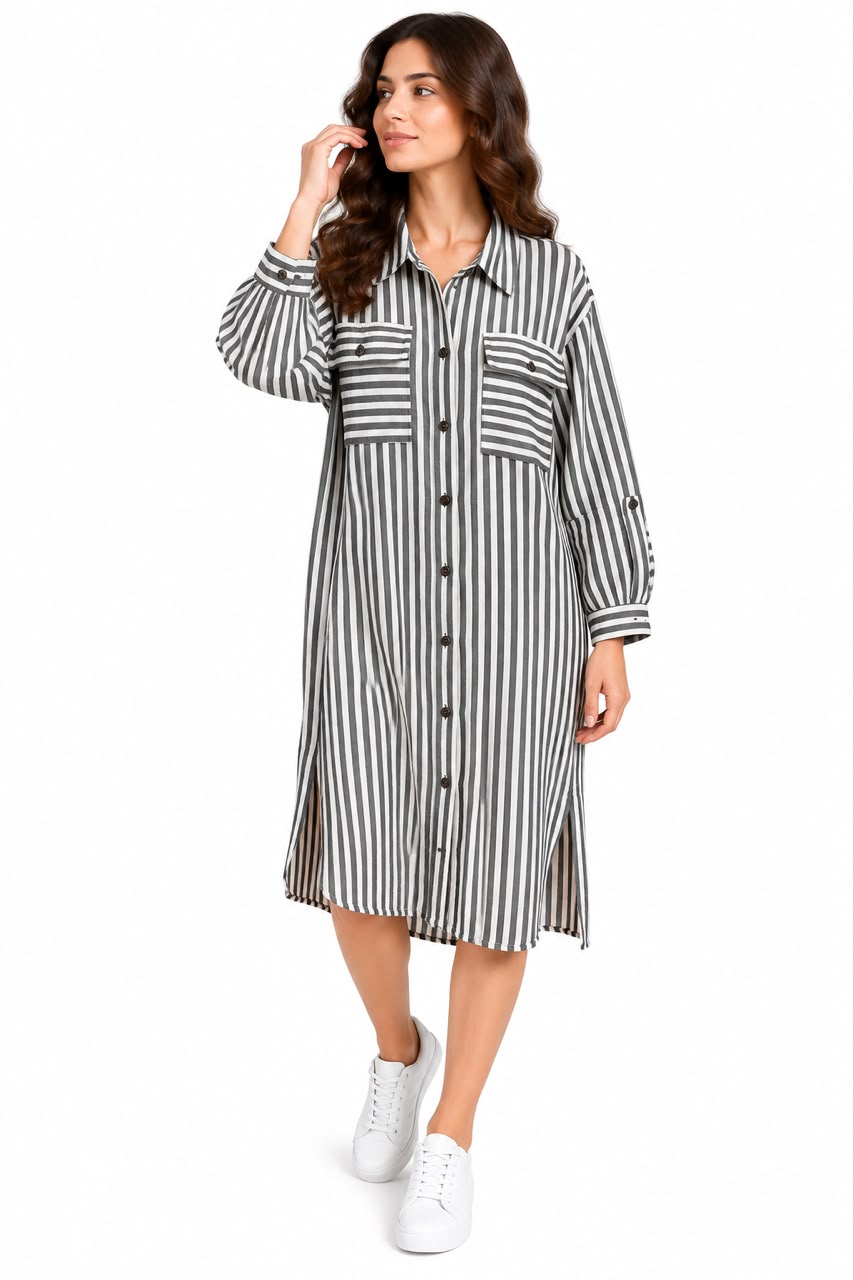Long striped shirt – collar – two pockets – dark gray