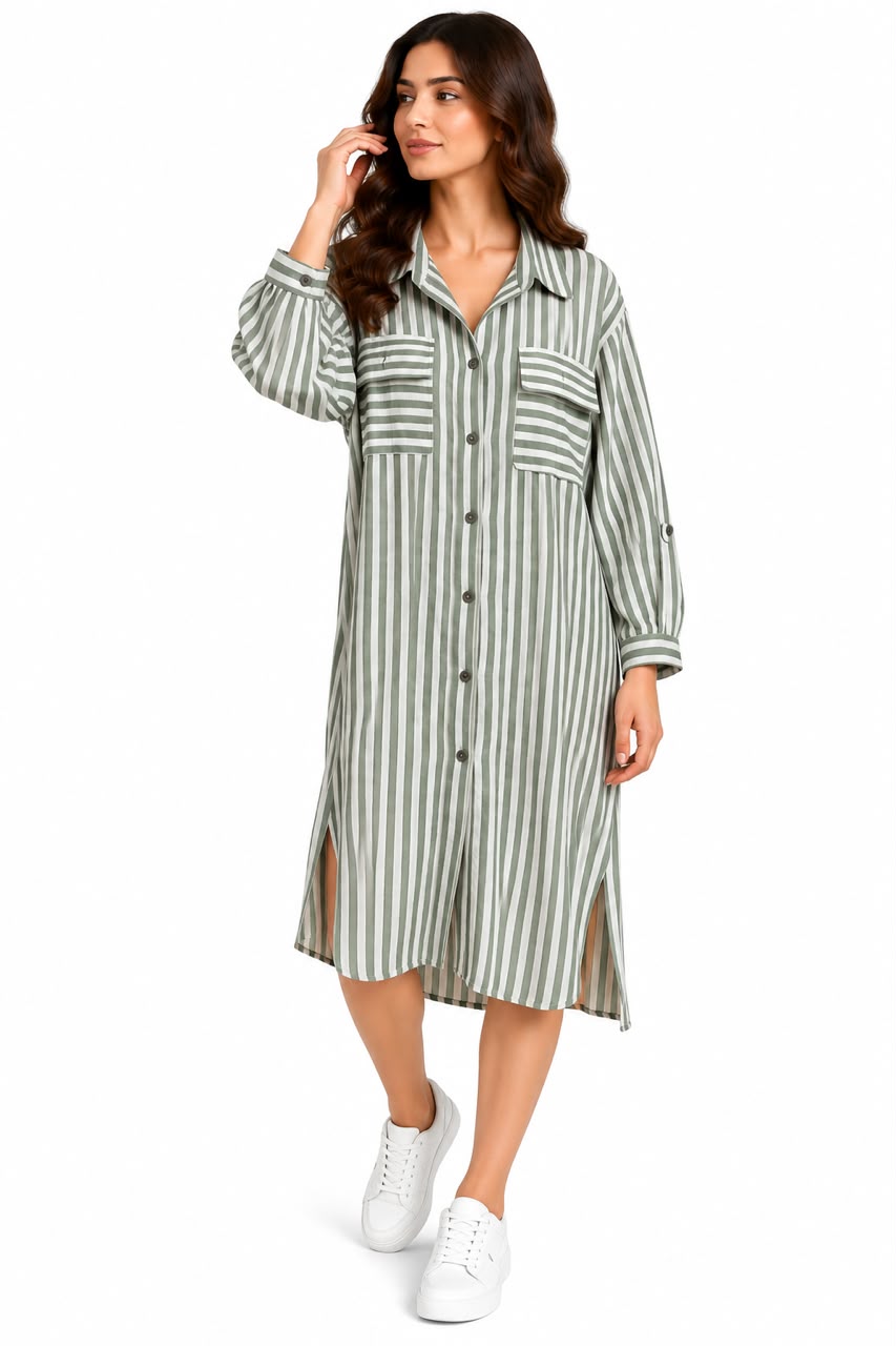 Long striped shirt – collar – two pockets – mint green