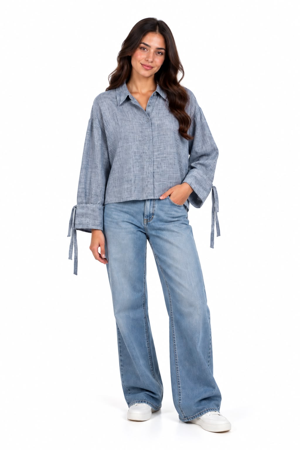 Shirt – Short Longer at the back – Sleeve tie detail-Grey