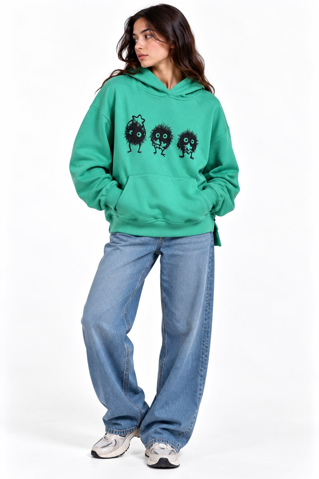 Sweatshirt - Printed faces with hood - Mint color - Light blue - Aqua