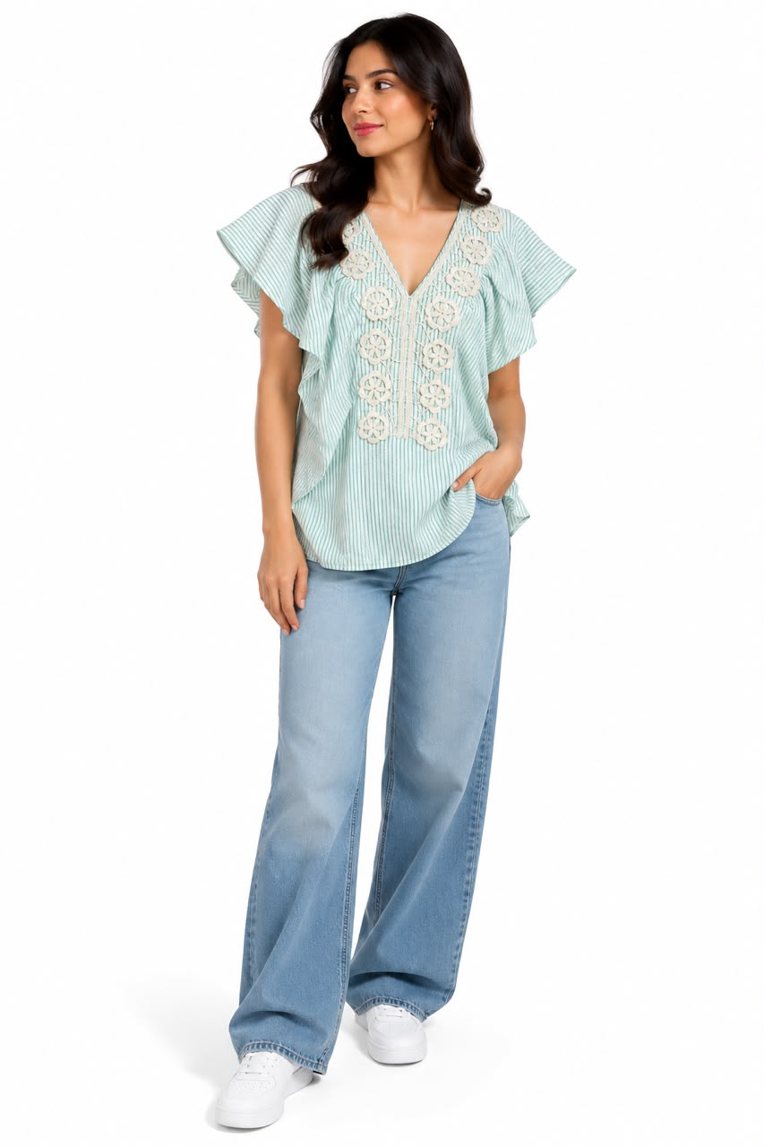 Blouse - Short sleeves - Crochet detail on the chest - Aqua