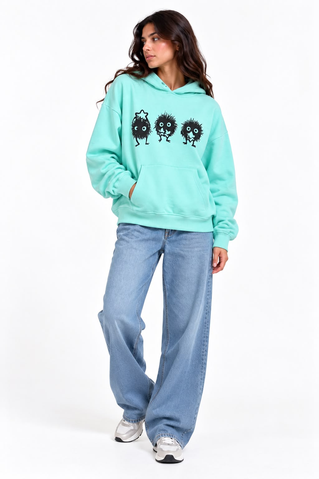 Sweatshirt - Printed faces with hood - Mint color - Light blue - Aqua