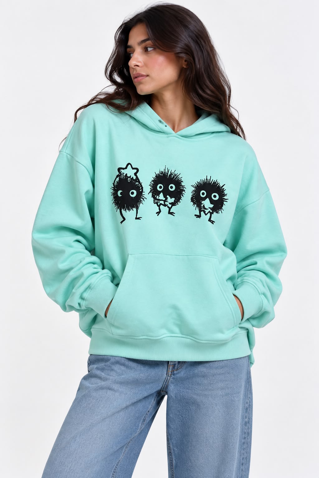 Sweatshirt - Printed faces with hood - Mint color - Light blue - Aqua