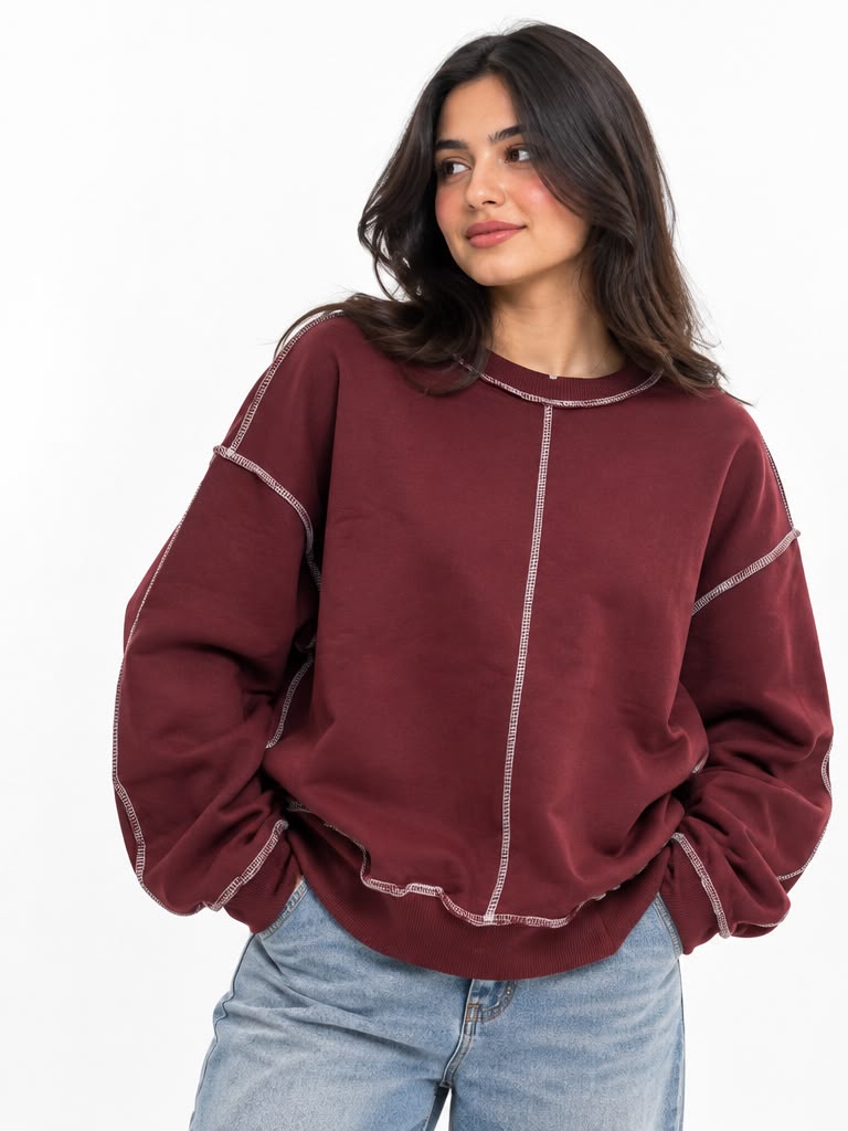 Sweatshirt – stitched detailing on the chest and sleeves – burgundy.
