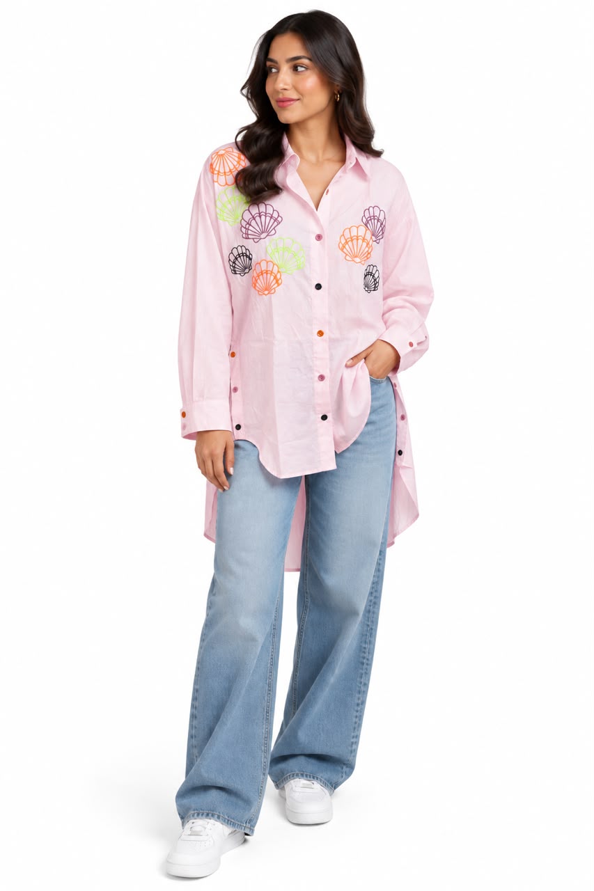 Shirt – Chest embroidery – Two-tone buttons – Rose color