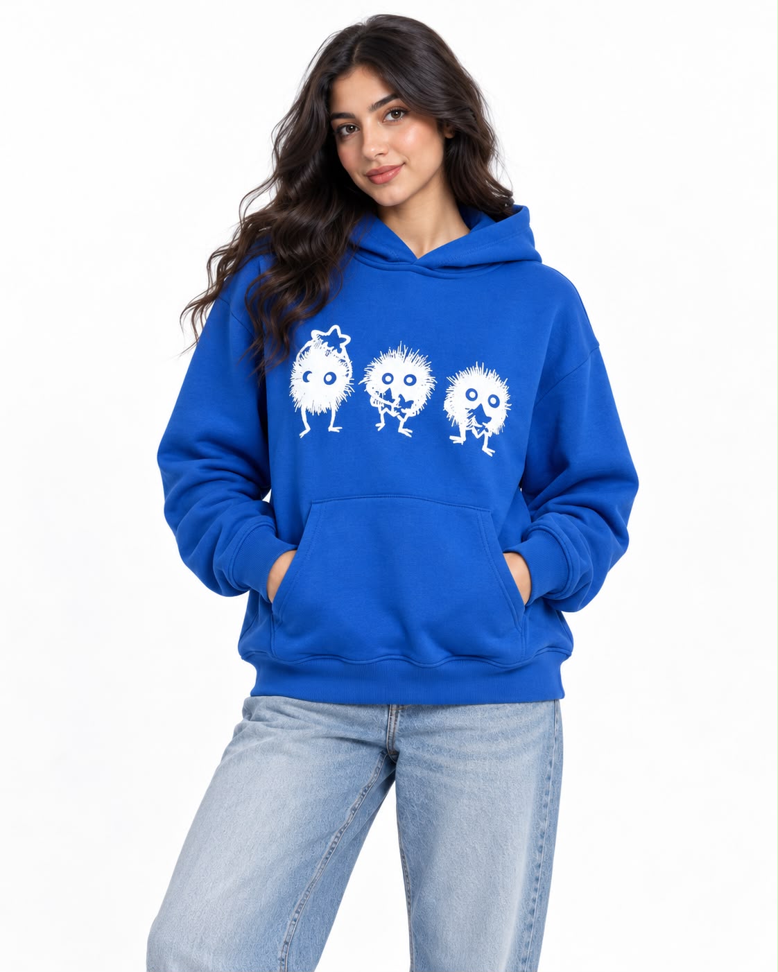 Sweatshirt - Printed faces with hood - Mint color - Light blue - Aqua