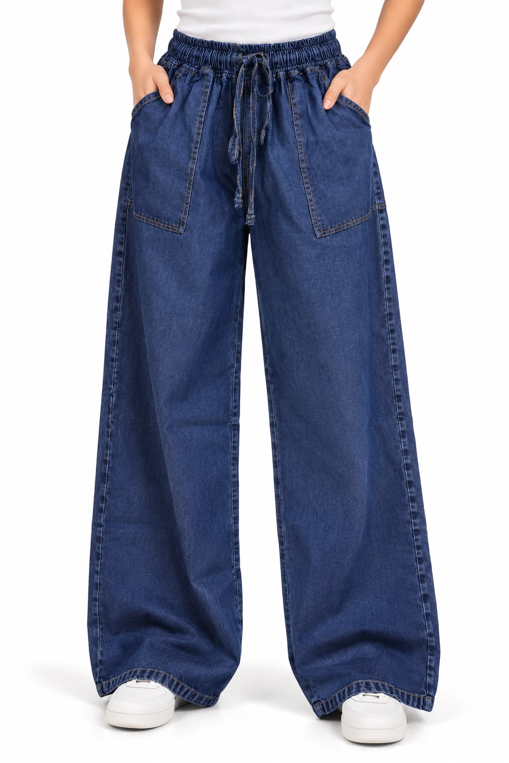 Lightweight denim trousers Elastic waistband with drawstring Navy blue