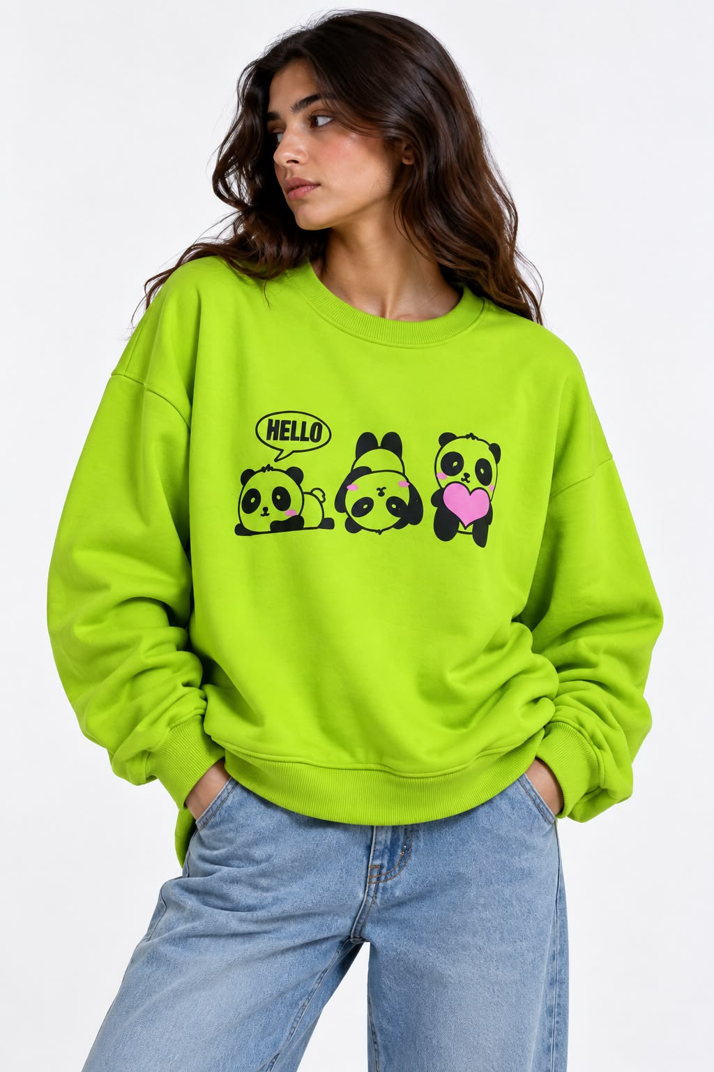 "Hello 3 Pandas" Print Sweatshirt – Lemon Yellow