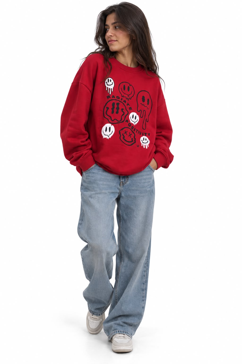 "SMILE" Print Sweatshirt - Red