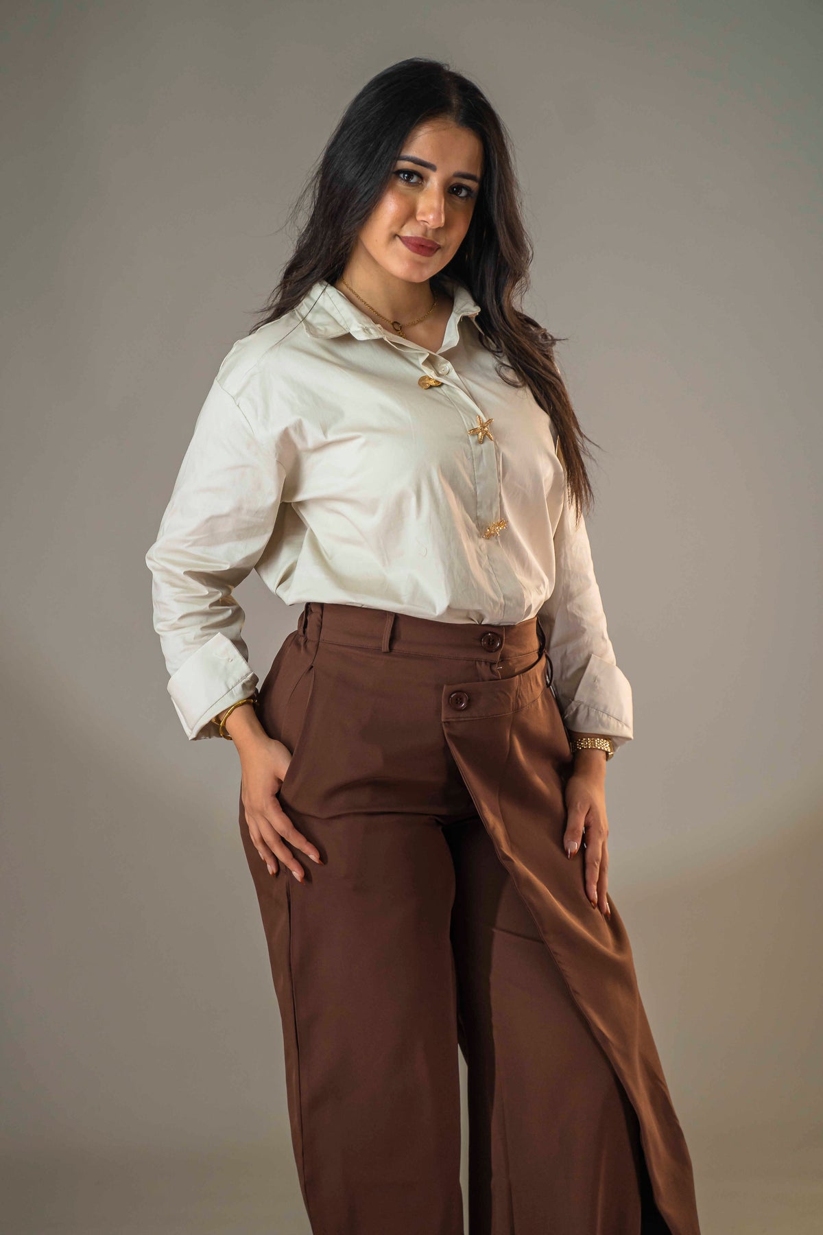 Classic wide-leg basic trousers - brown