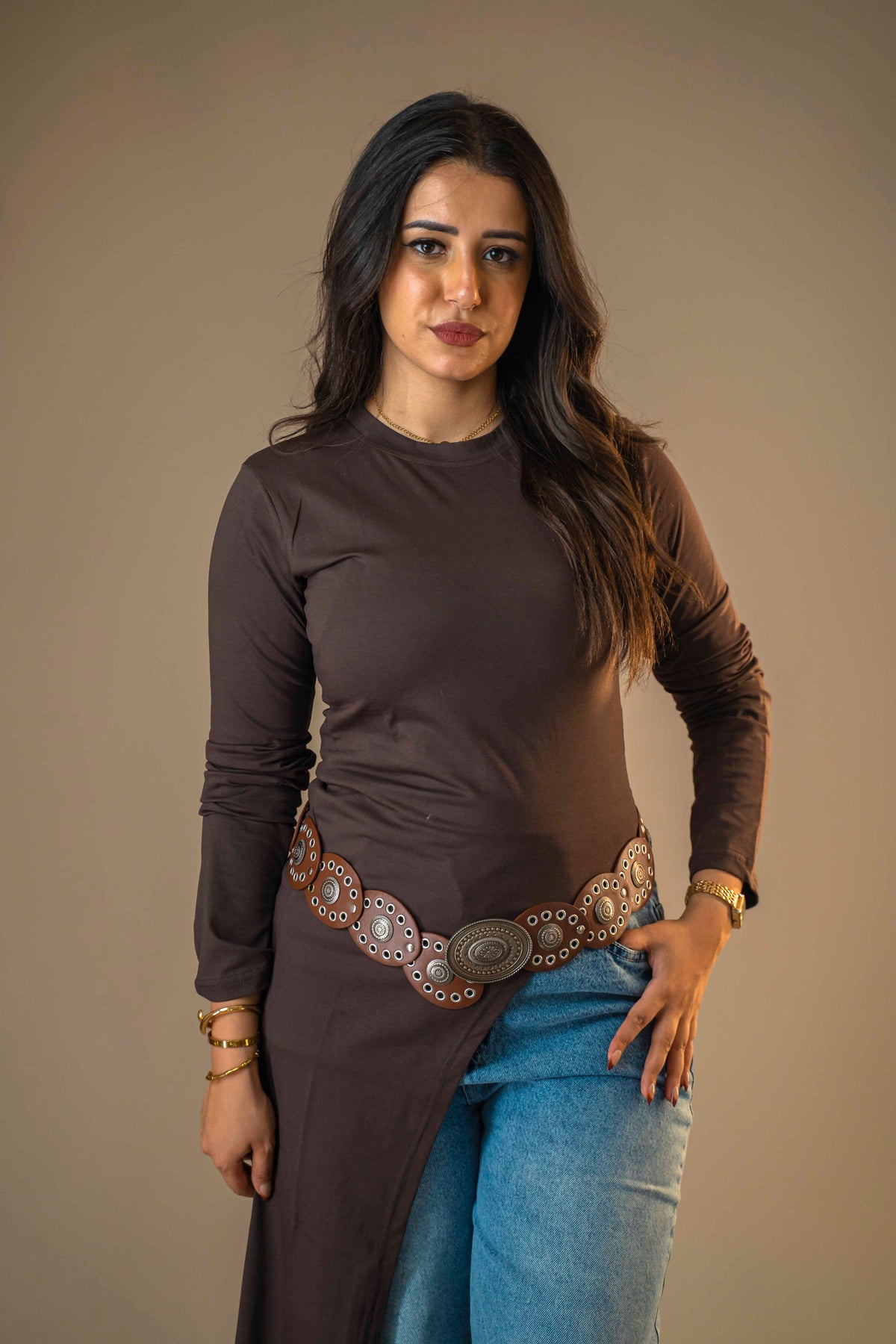 Long-sleeved t-shirt - long at the side - brown