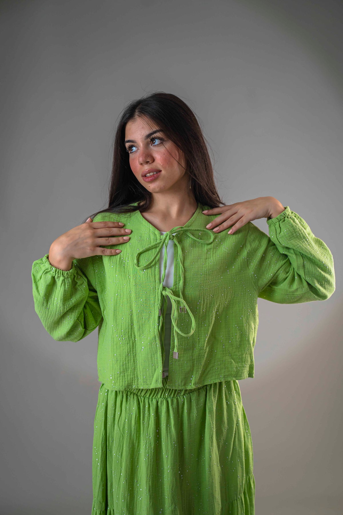 Lemon-colored blouse and skirt set