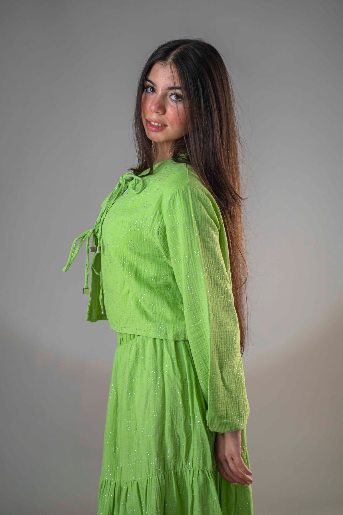 Lemon-colored blouse and skirt set