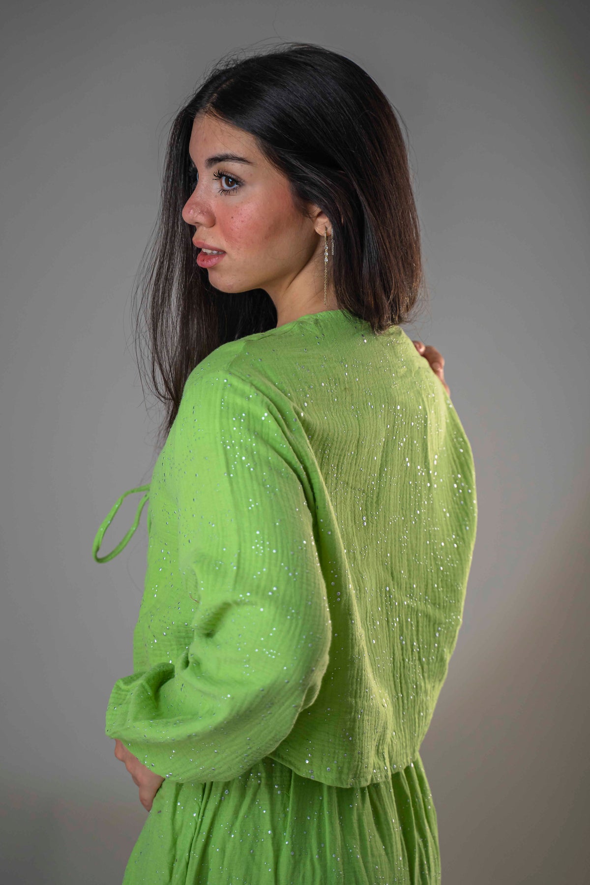Lemon-colored blouse and skirt set