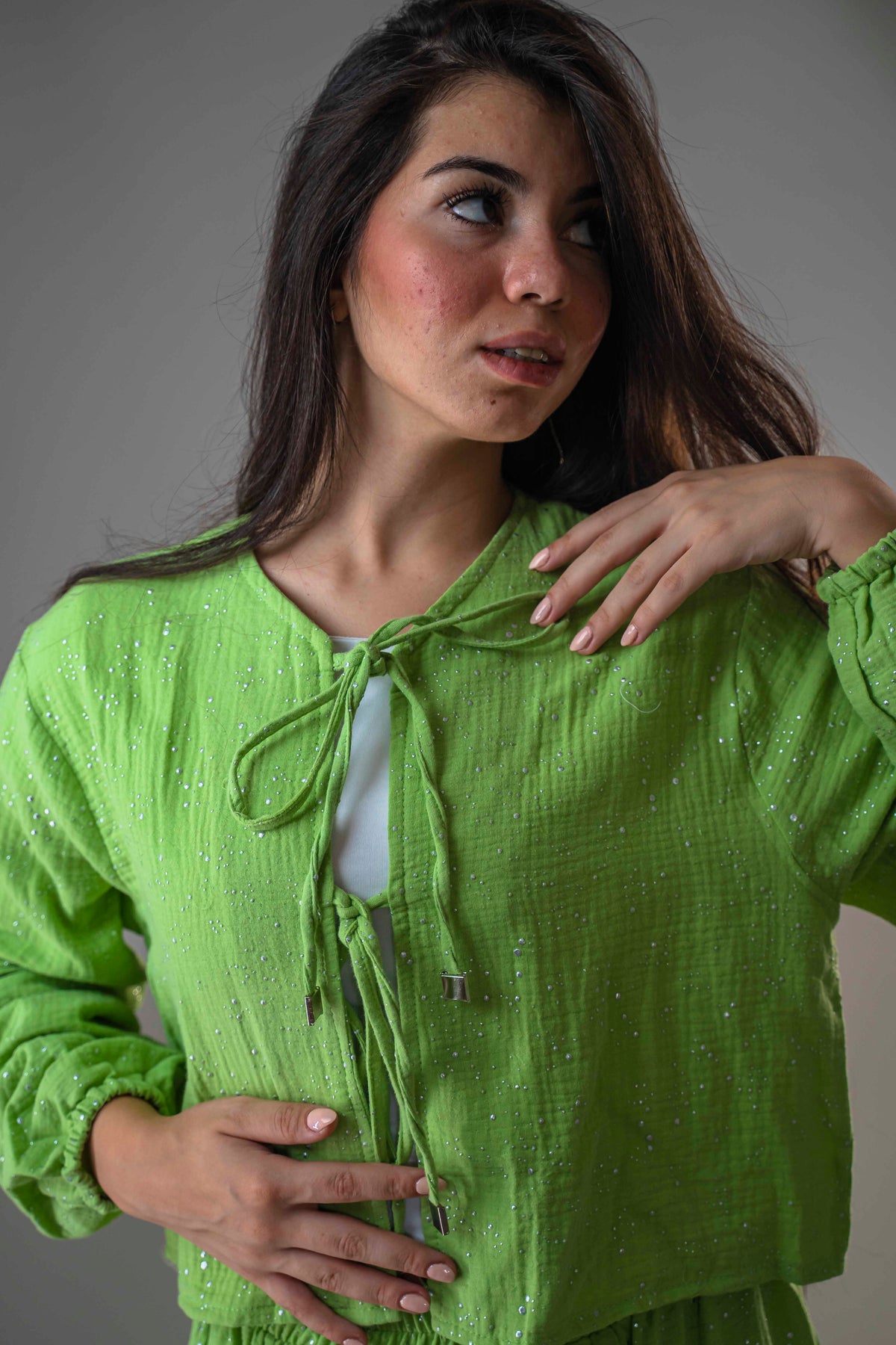 Lemon-colored blouse and skirt set