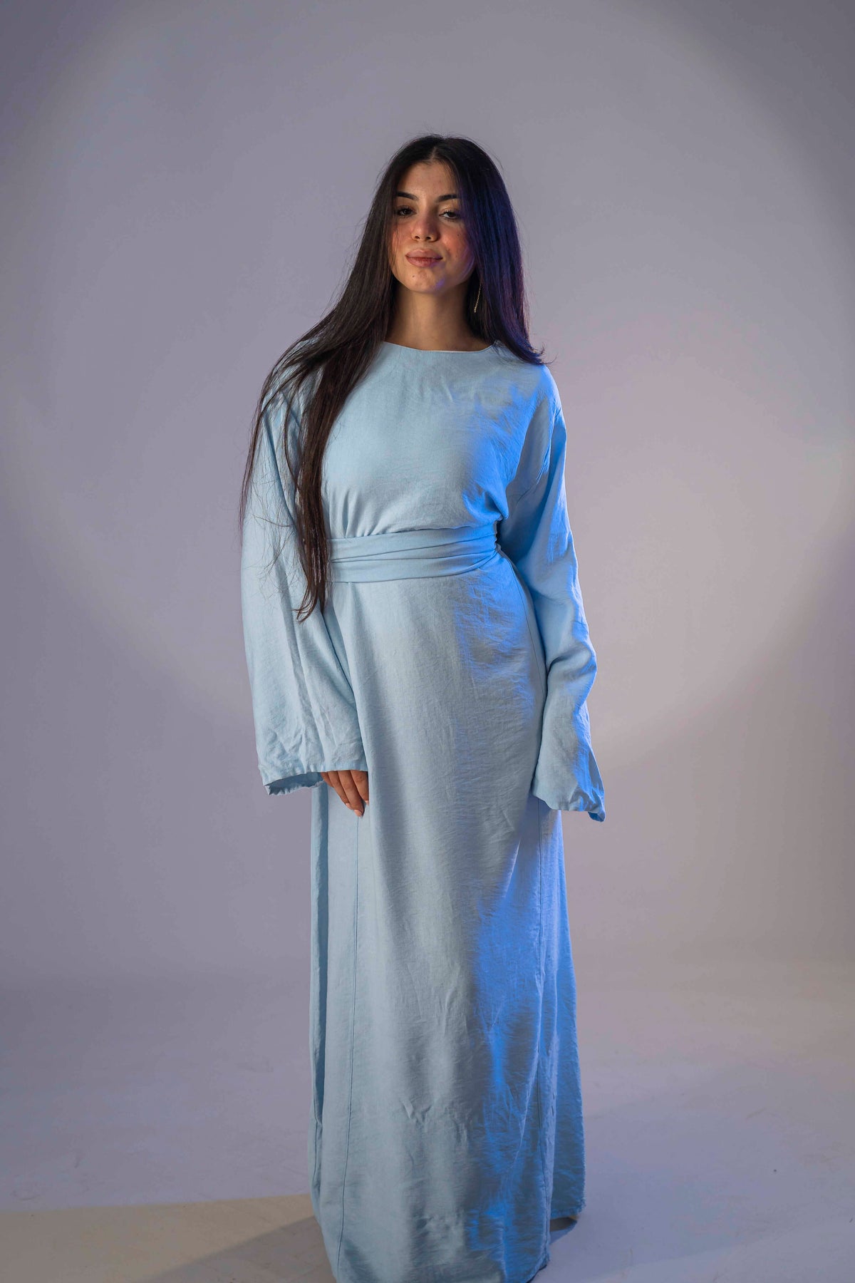 Long dress – waist belt – light blue & black
