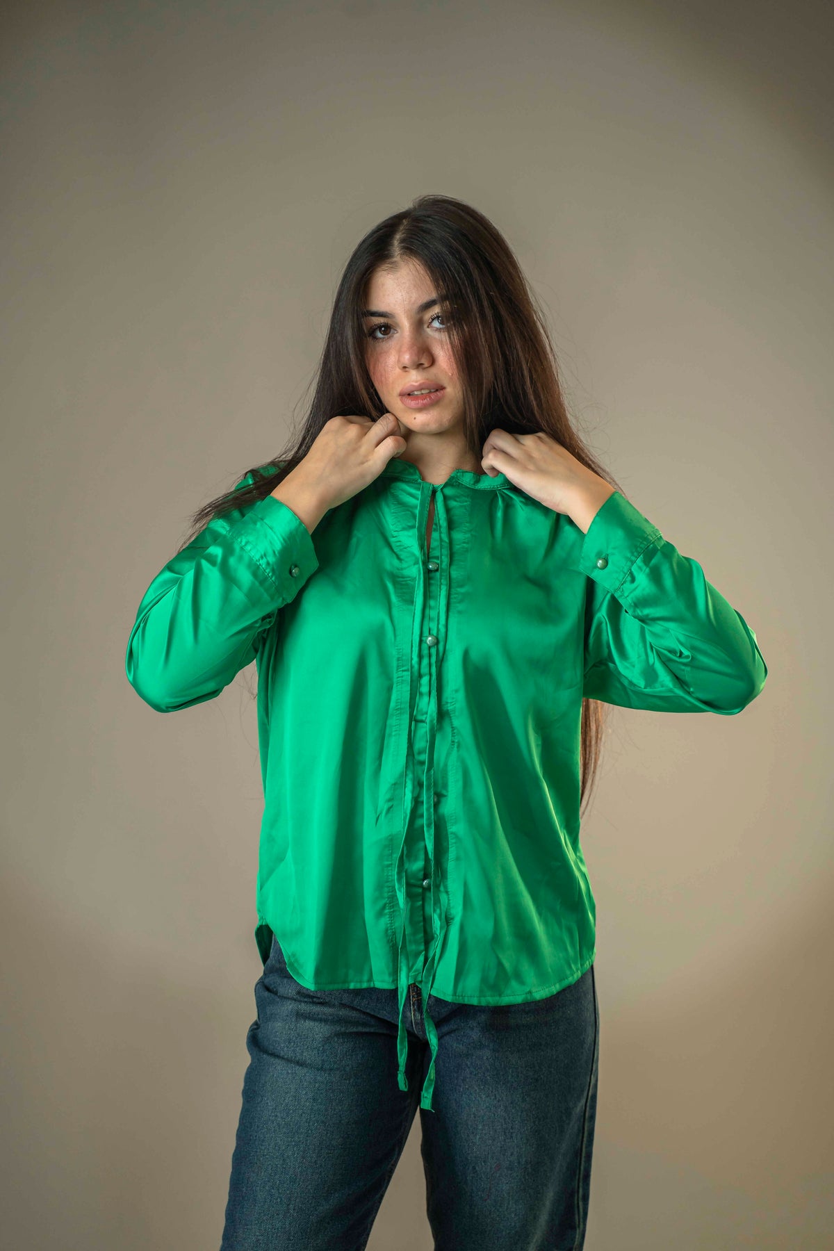 Satin Basic Blouze - Green