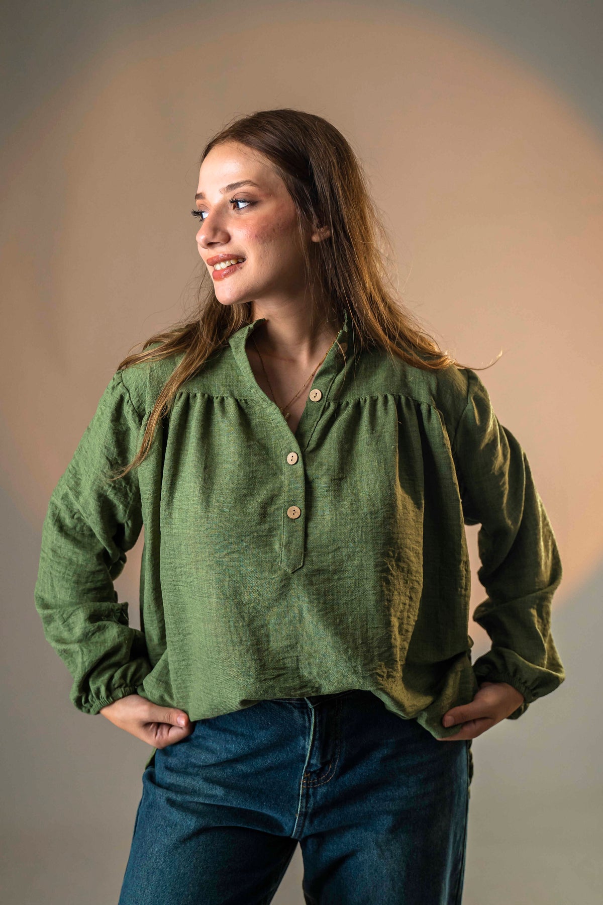 Olive Green Panda Blouse with Elasticated Sleeves