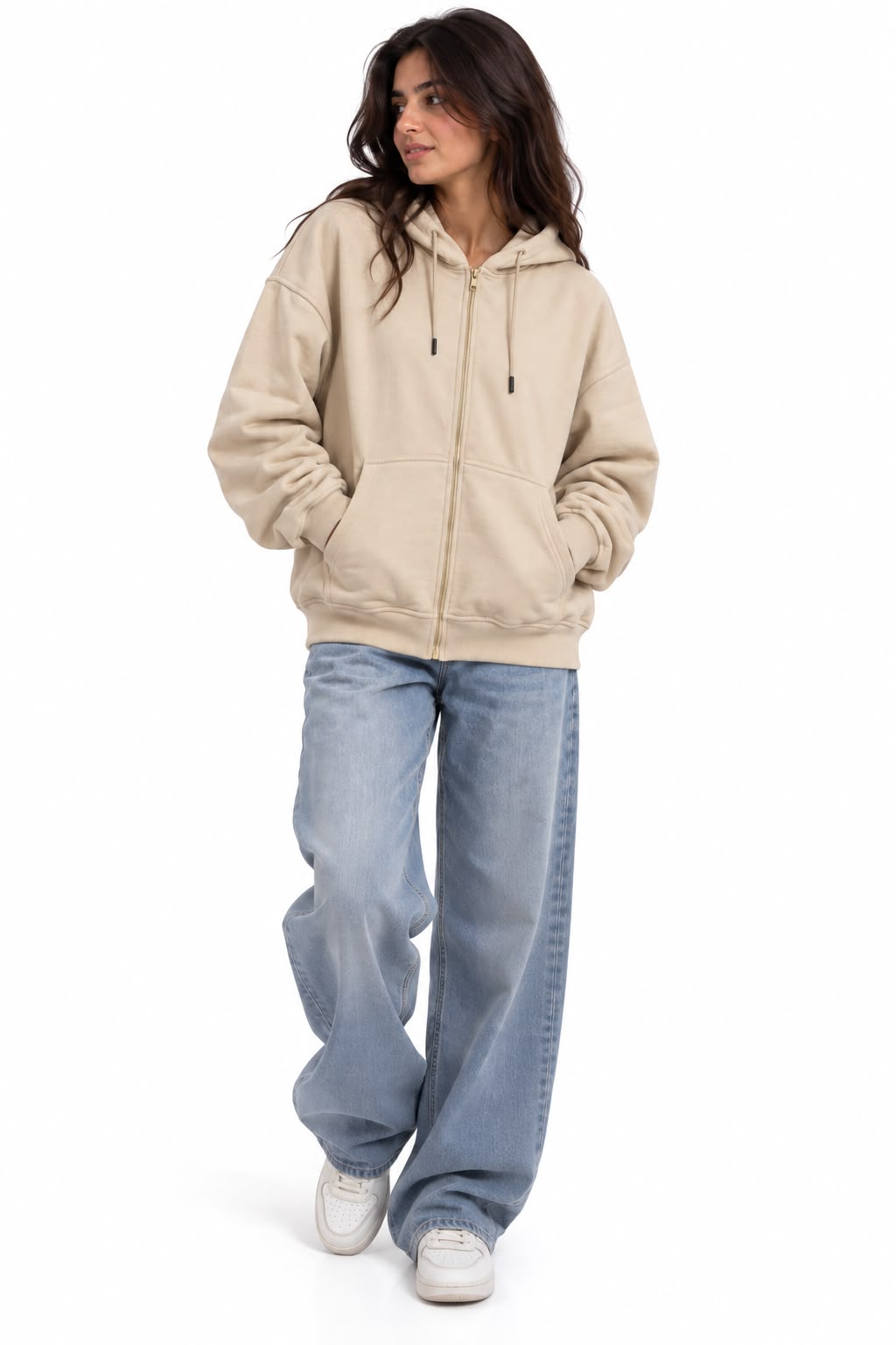 Sweatshirt - Basic hoodie with zipper - Beige