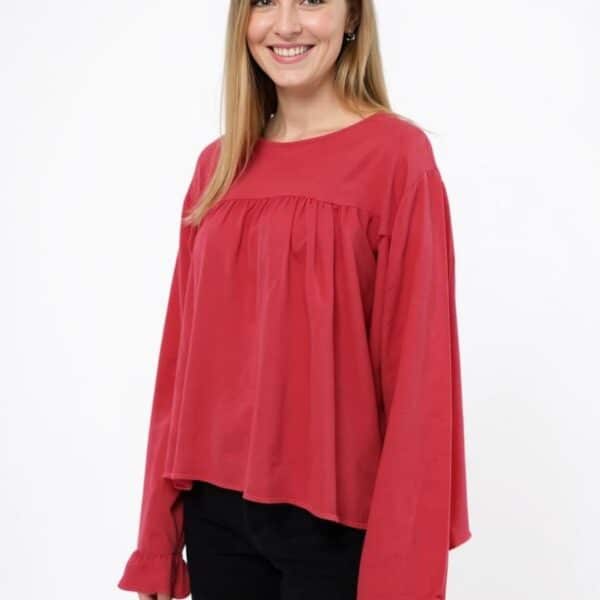 Red Long Sleeve Ruffle Blouse